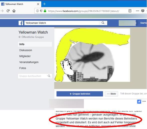 Hetze von {#klarname} in der Facebook-Gruppe Yellowman Watch gegen mich