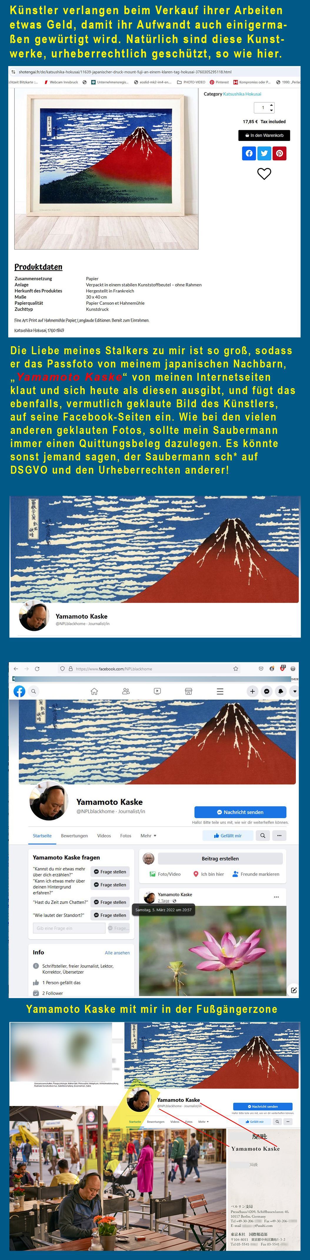 Geklautes Kunstwerk-Bild und Passfoto vom japanischen Journalisten Yamamoto Kaske durch meinen Stalker