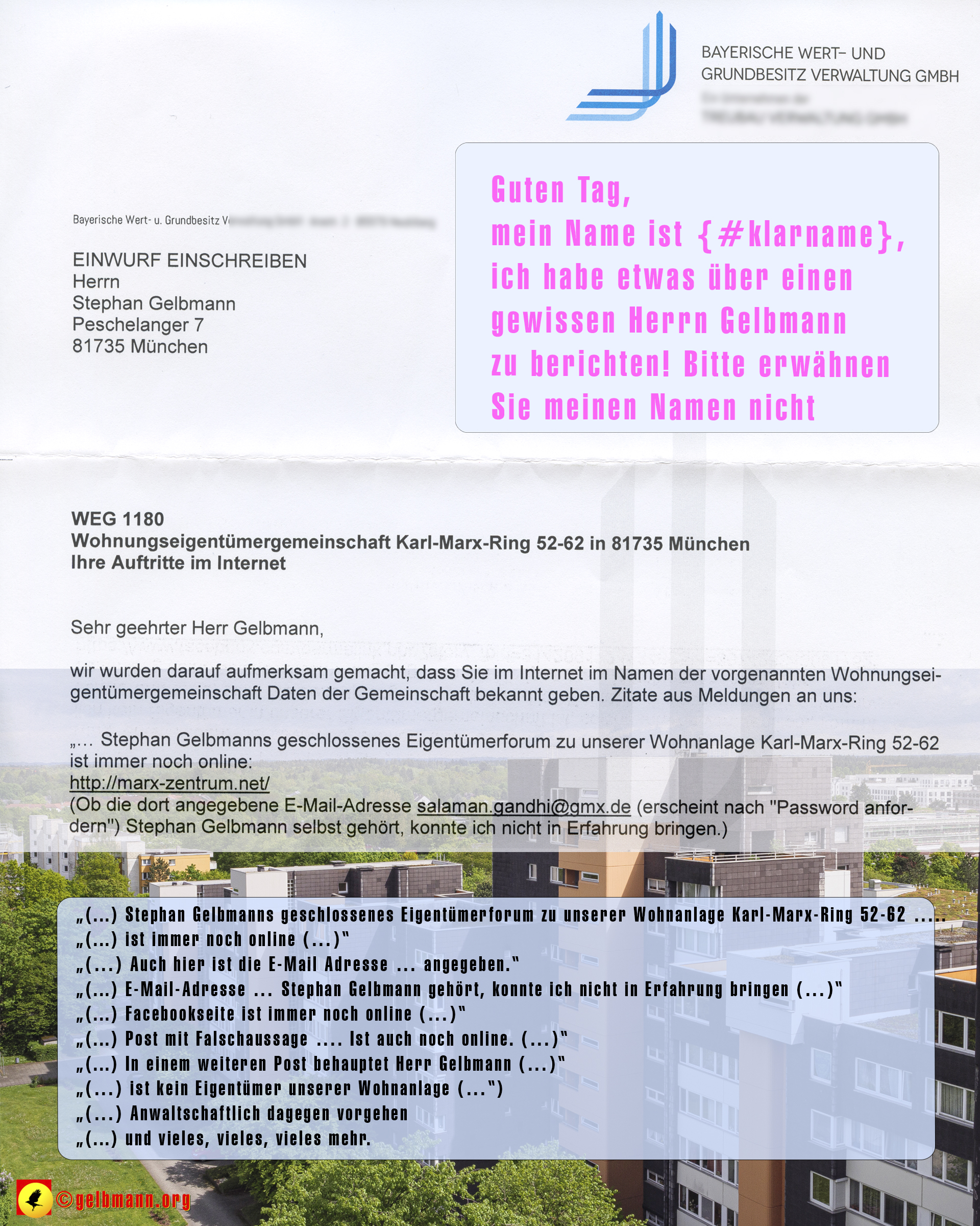 Denunzierungsschreiben von Herrn {#klarname} bei seiner Hausverwaltung, Karl-Marx-Ring 52-62