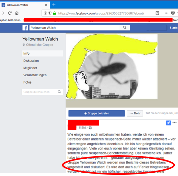 Hetze von Herrn Irrsinn in der Facebook-Gruppe Yellowman Watch gegen mich