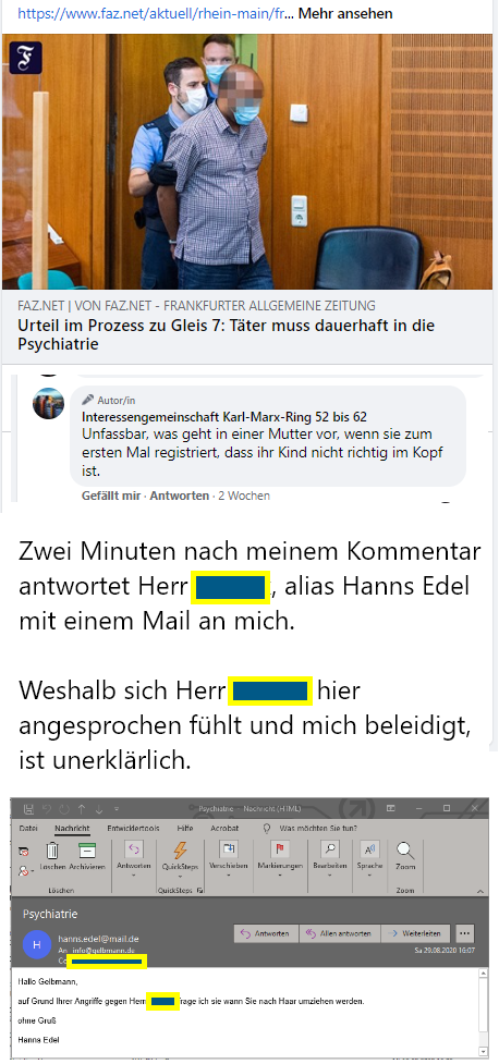 Beleidigendes Post von meinem Stalker Herrn Irrsinn gegen mich, wegen meinem Post auf Facebook zu einem Zeitungsartikel