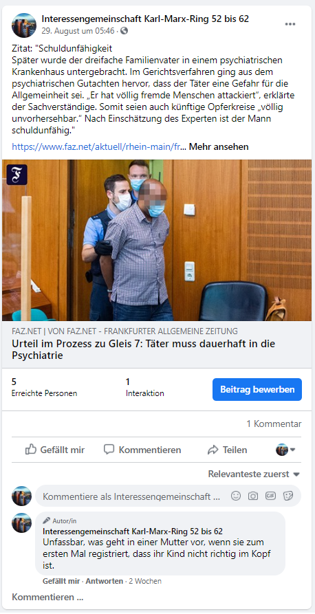 Mein Post auf Facebook mit einem Zeitungsartikel, auf das hin mein Stalker Herrn Irrsinn mich wieder einmal beleidigt