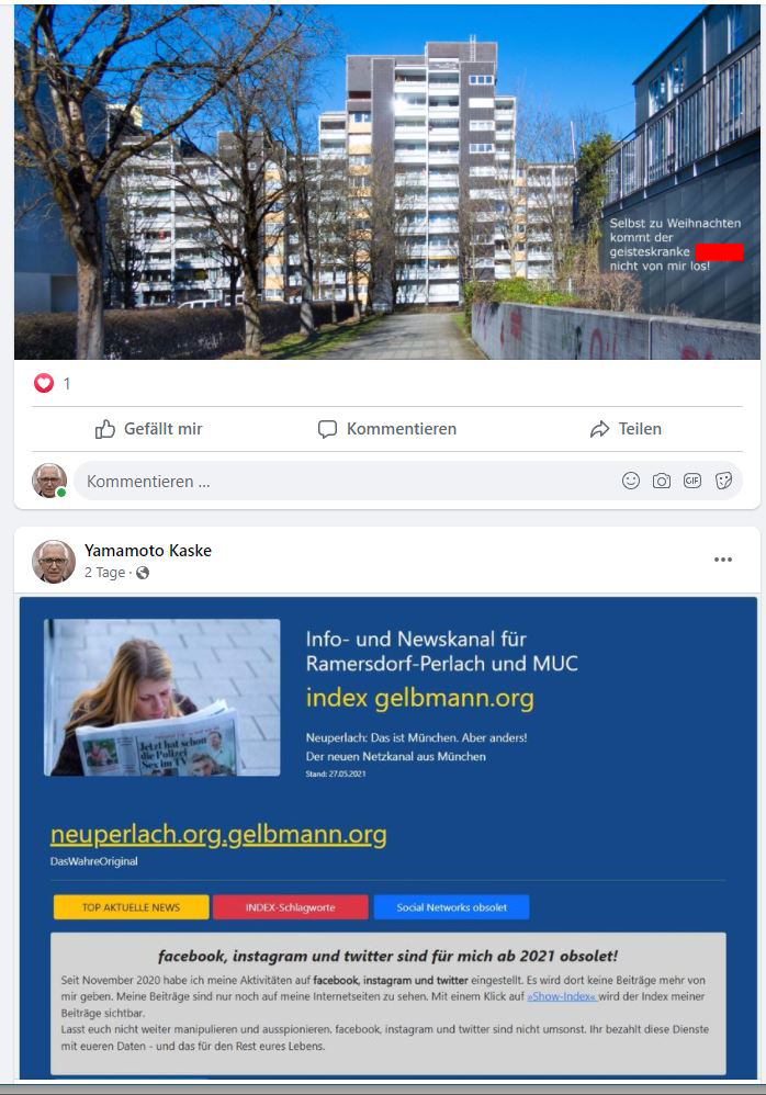 Post und Kommentare meines psychisch kranken Stalkers 